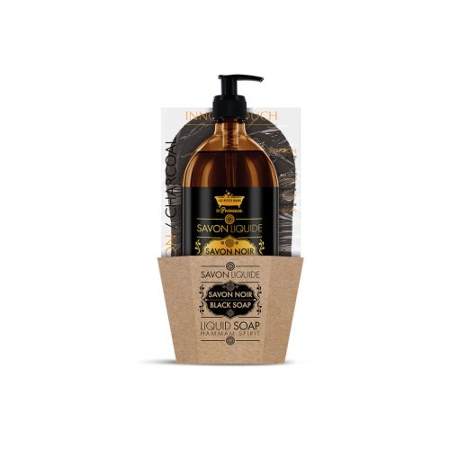 LES PETITS BAINS DE PROVENCE Fekete szappan készlet + peeling kesztyű