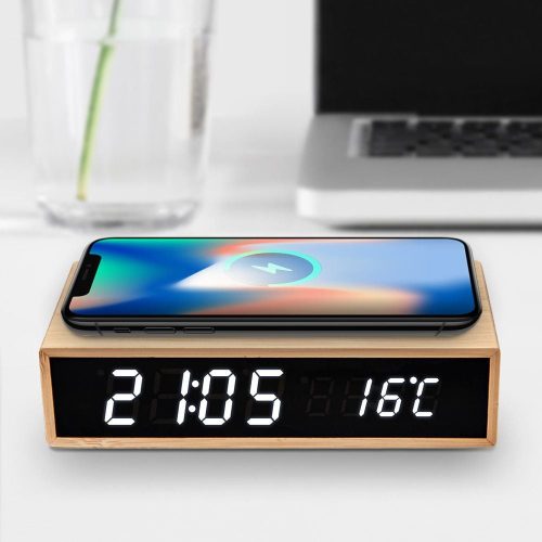 Bamboo Wireless Charger Clock Digitális Bambusz Óra vezeték nélküli töltővel 