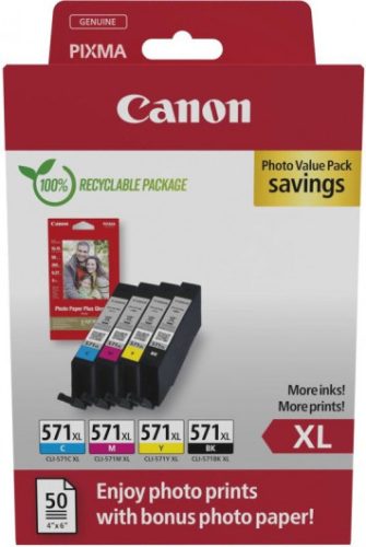 Canon CL-571XL Bk/C/M/Y (4x11ml) Tintapatron + 50 lap PP201 10x15 fényes fotópapír  Multipack