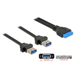   DeLock Cable USB 3.0 pin header female 2.00 mm 19 pin > 2 x USB 3.0 Type-A female panel-mount 80cm