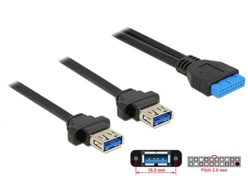 DeLock Cable USB 3.0 pin header female 2.00 mm 19 pin > 2 x USB 3.0 Type-A female panel-mount 80cm