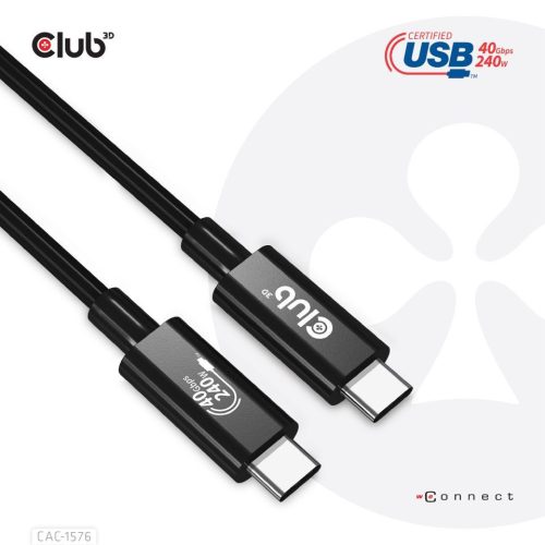 Club3D USB4 Gen3x2 Type-C Bi-Directional USB-IF Certified 8K60Hz Data 40Gbps, PD 240W(48V/5A) EPR M/M Cable 1m Black