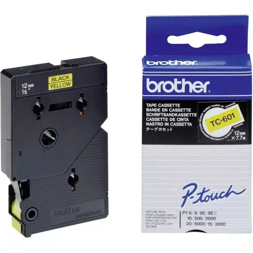 Brother TC-601 laminált P-touch szalag (12mm) Black on Yellow-7,7m