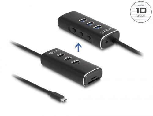 DeLock 3 Port USB 10 Gbps Hub including SD and Micro SD Card Reader with USB Type-C connector 60 cm Cable and Switch for each port Black