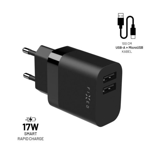 FIXED hálózati töltő, 2*USB-A kimenet, 17W + USB/mikro USB kábel, fekete