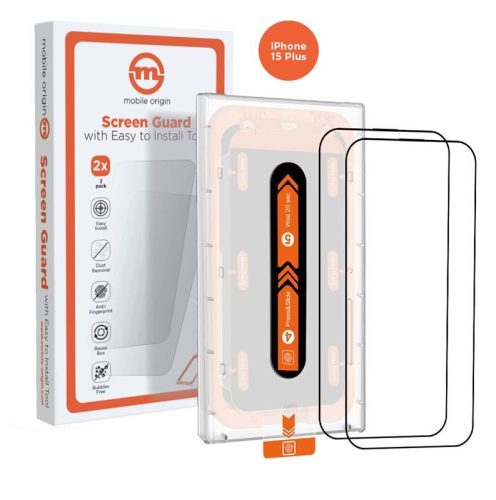 Mobile Origin Orange Screen Guard iPhone 15 Plus with easy applicator, 2 pack