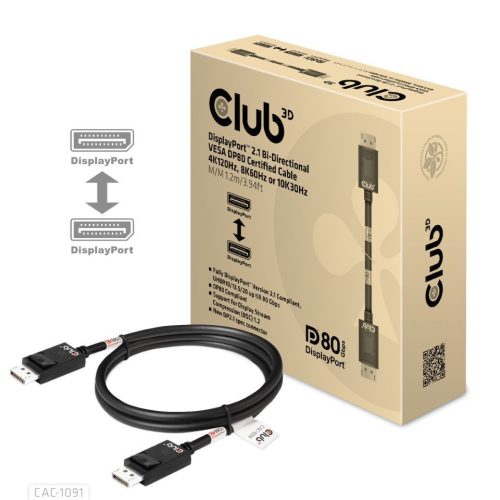 Club3D DisplayPort 2.1 Bi-Directional VESA DP80 4K120Hz 8K60Hz or 10K30Hz Certified Cable 1,2m Black