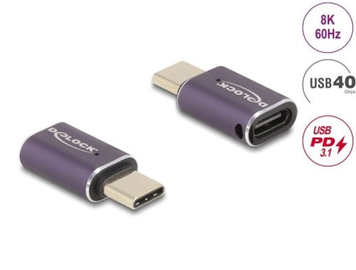 DeLock USB Adapter 40 Gbps USB Type-C PD 3.1 240 W male to female port saver 8K 60 Hz metal Purple