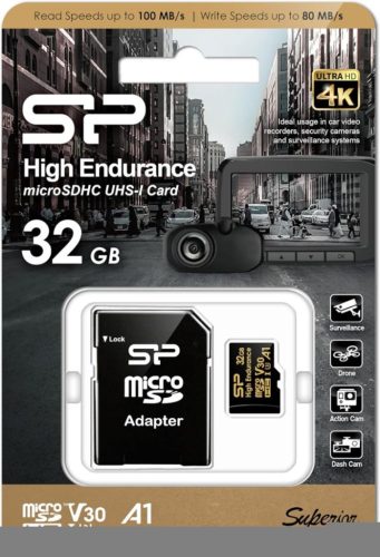 Silicon Power 32GB microSDHC Gold Series High Endurance Class 10 UHS-I U3 V30 A1 + adapterrel