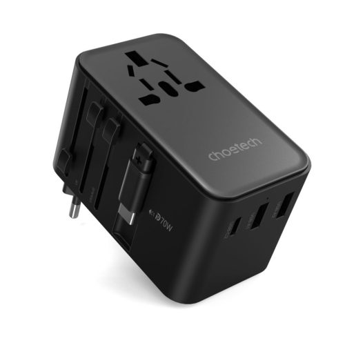 Choetech  PD5022 70W EU/US/AUS/UK Travel Adapter with Built-in USB-C Cable Black