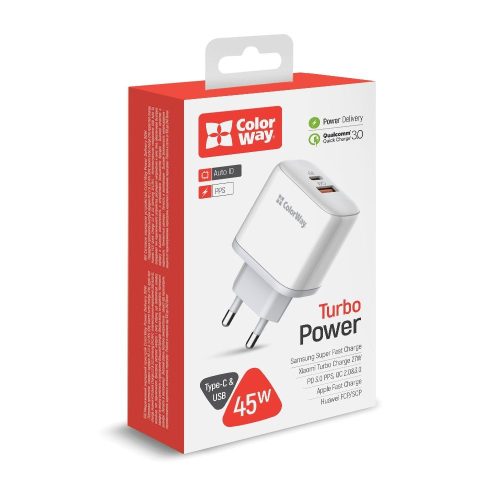 ColorWay USB töltő adapter Power Delivery Port PPS USB (Type-C PD + USB QC3.0) (45W) White