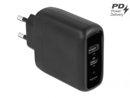 DeLock USB Charger USB Type-C PD 3.0 and USB Type-A with 20 W + 12W Black