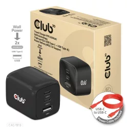   Club3D Travel Charger PPS 65Watt GAN technology, Triple port (2x USB Type-C + USB Type-A) Power Delivery(PD) 3.0 Support
