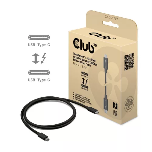 Club3D Thunderbolt 5 Certified 8K240Hz Data 80/120 Gbps EPR 240 Watt Cable 1m Black