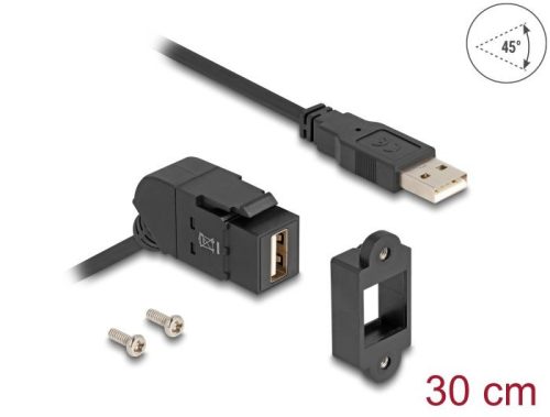 DeLock Keystone Module USB 2.0 Type-A panel mount female 45° angled to Type-A male with 30cm cable Black