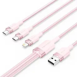   Vention USB 2.0 A Male to 3-in-1 USB-C & Lightning & Micro-B Male 3A Cable 1,5m Pink