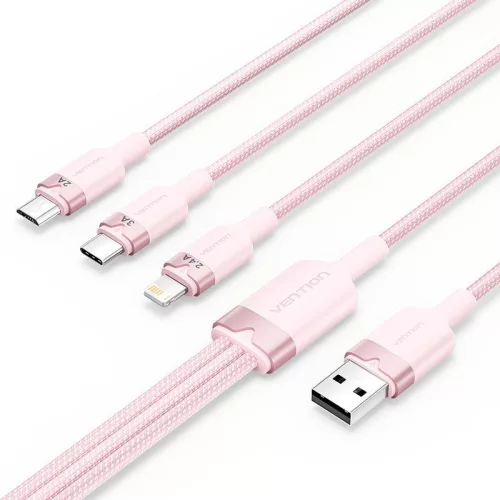 Vention USB 2.0 A Male to 3-in-1 USB-C & Lightning & Micro-B Male 3A Cable 1,5m Pink
