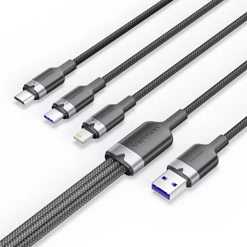 Vention USB 2.0 A Male to 3-in-1 USB-C & Lightning & Micro-B Male 6A Cable 1,5m Black