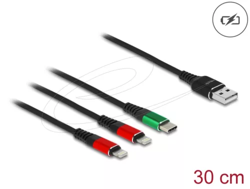 DeLock USB Charging Cable 3 in 1 Type-A to 2 x Lightning / USB Type-C 0,3m Black