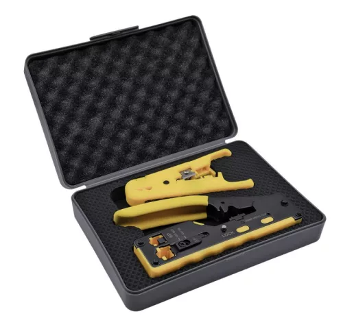 Nestron Moduláris krimpelő fogó átfűzhető csatlakozókhoz + kábel csupaszító szerszám, dobozban