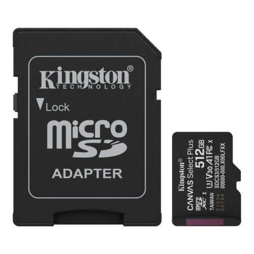 Kingston 512GB microSDXC Canvas Select Plus Gen3 Class 10 UHS-1 A1 V30 + adapterrel