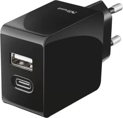 Trust Urban Dual-port smart wall charger with USB-C and USB-A port Black