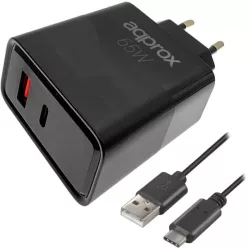   Approx APPUSBWALL65W Cargador 65WATT QC 1 X USB A+ 1 X USB C+cable Black