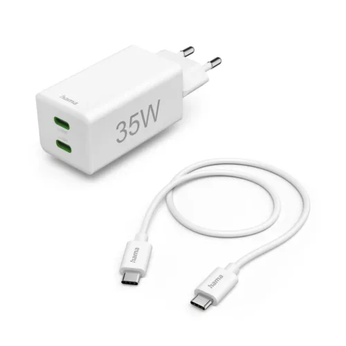 Hama Fast Charger+cable 2 x USB-C PD / QC Mini Charger 35W 1m White