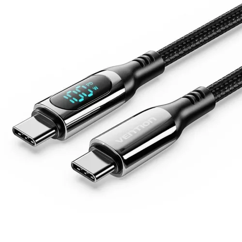 Vention Cotton Braided USB 2.0 C Male to C Male 5A Cable With LED Display 1,2m Black