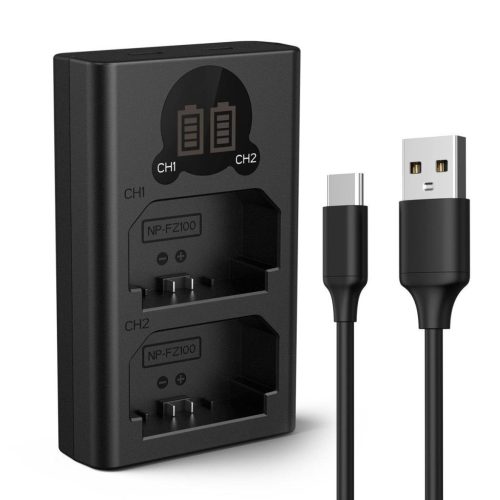 K&F Concept hordozható dupla BC-QZ1 akkumulátor töltő, LCD, USB-C, 2db FZ100 akkumulátorhoz
