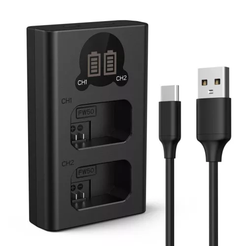 K&F Concept hordozható dupla BC-TRW akkumulátor töltő, LCD, USB-C, 2db FW50 akkumulátorhoz