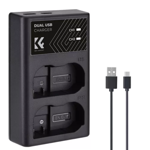 K&F Concept hordozható dupla MH-25 akkumulátor töltő, USB-C, 2db EN-EL15 akkumulátorhoz