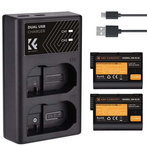 K&F Concept hordozható dupla USB-C akkumulátor MH-25 töltő + 2db EN-EL15 akkumulátor 2100mAh