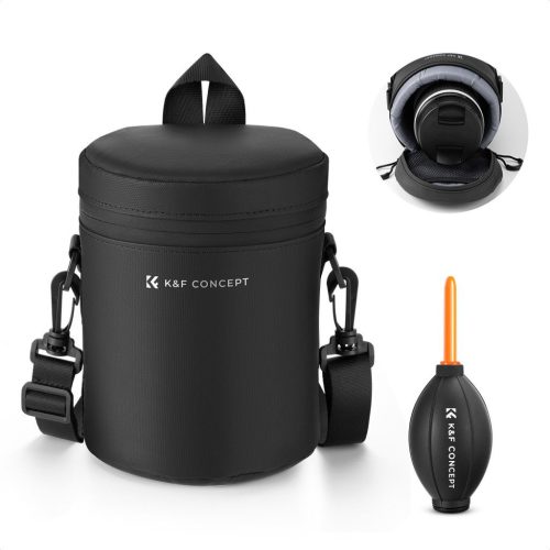 K&F Concept objektív védő tok, M méret, 8x14cm, vállpánt, csepp és porálló zipzár, ráadás pumpa