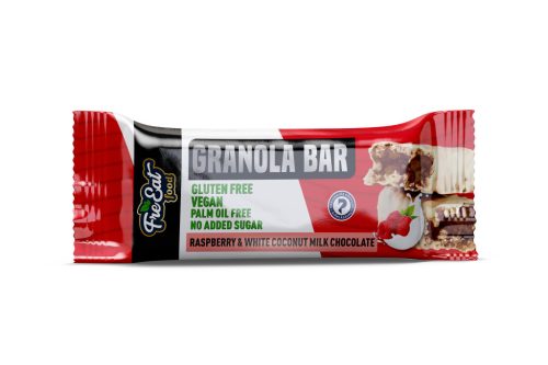 Freeat food granola bar málnás granolás szelet kókusztejes fehér csokoládéval mártva, édesítőszerekkel 50 g