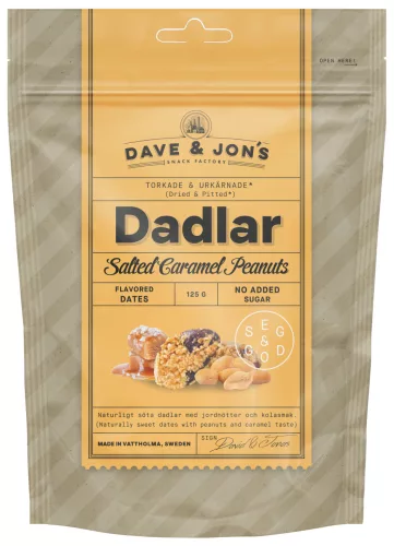 Dave & Jon's dates salted caramel peanut mag nélküli ízesített datolya sós karamell ízben, hozzáadott cukor nélkül 125 g