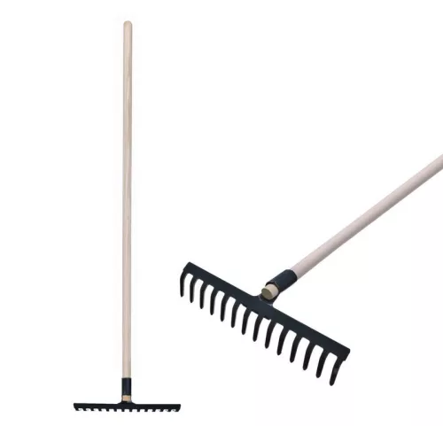 Kerti gereblye, Strend Pro Garden, fekete, 14 fogú, acél fej, fa nyél, 34,5 cm munkaszélesség, 160 cm nyél