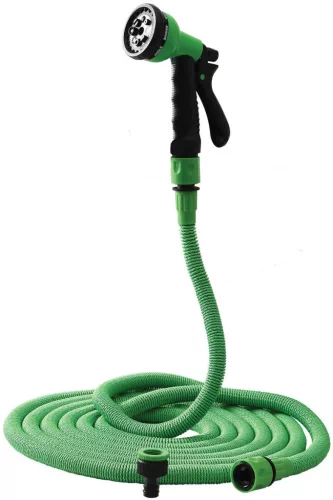 Kerti locsolótömlő, Strend Pro Garden Flexi NX1-075, zöld, 1/2" - 3/4", 7,5–22,5 m, flexibilis, nyújtható, szórópisztollyal, latex belső cső, textilborítás, önnyúló-összehúzódó technológia