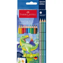   Színes ceruza készlet háromszögletű GRIP DINOSZAURUSZ + matrica Faber-Castell 10+3klf. szín