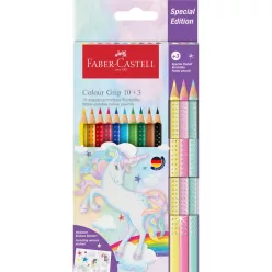   Színes ceruza készlet háromszögletű GRIP UNIKORNIS + matrica Faber-Castell 10+3klf. szín