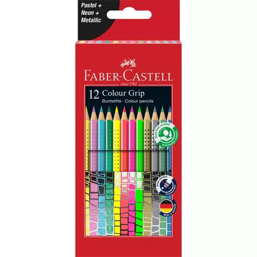 Színes ceruza készlet háromszögletű GRIP Faber-Castell pasztell, neon, metál színek 12klf. szín