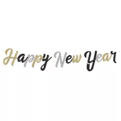 Happy New Year glitteres füzér fekete, arany, ezüst 2,5m