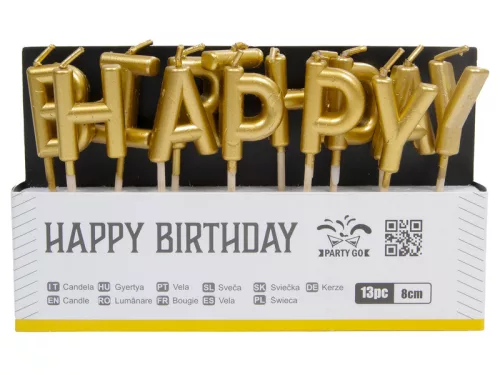 Gyertya szett - happy birthday, arany, 13 db, 8 cm