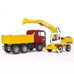 MAN TGA építőipari teherautó és Liebherr kotrógép