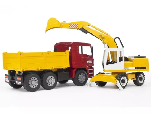 MAN TGA építőipari teherautó és Liebherr kotrógép