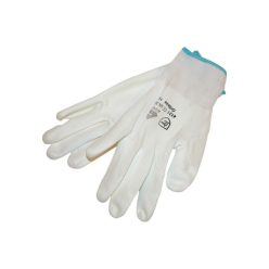   Kötött kesztyű fehér nylon, XL-es méret, 10' poliuretánba mártott teny. és ujjhegy., gumírozott mandzsetta