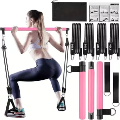   8db Készlet - Pilates Bar Készlet 4 Ellenállási Szalaggal (63.5 KG) 8 részes rózsaszín【63.5 kg】