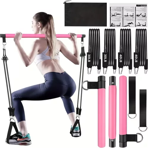 8db Készlet - Pilates Bar Készlet 4 Ellenállási Szalaggal (63.5 KG) 8 részes rózsaszín【63.5 kg】