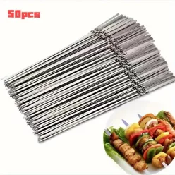   20/50db rozsdamentes acél grillező tűk, tartós, újrafelhasználható, könnyen tisztítható, alkalmas kültéri és beltéri grillezéshez Lapos bot-30cm - 50 db